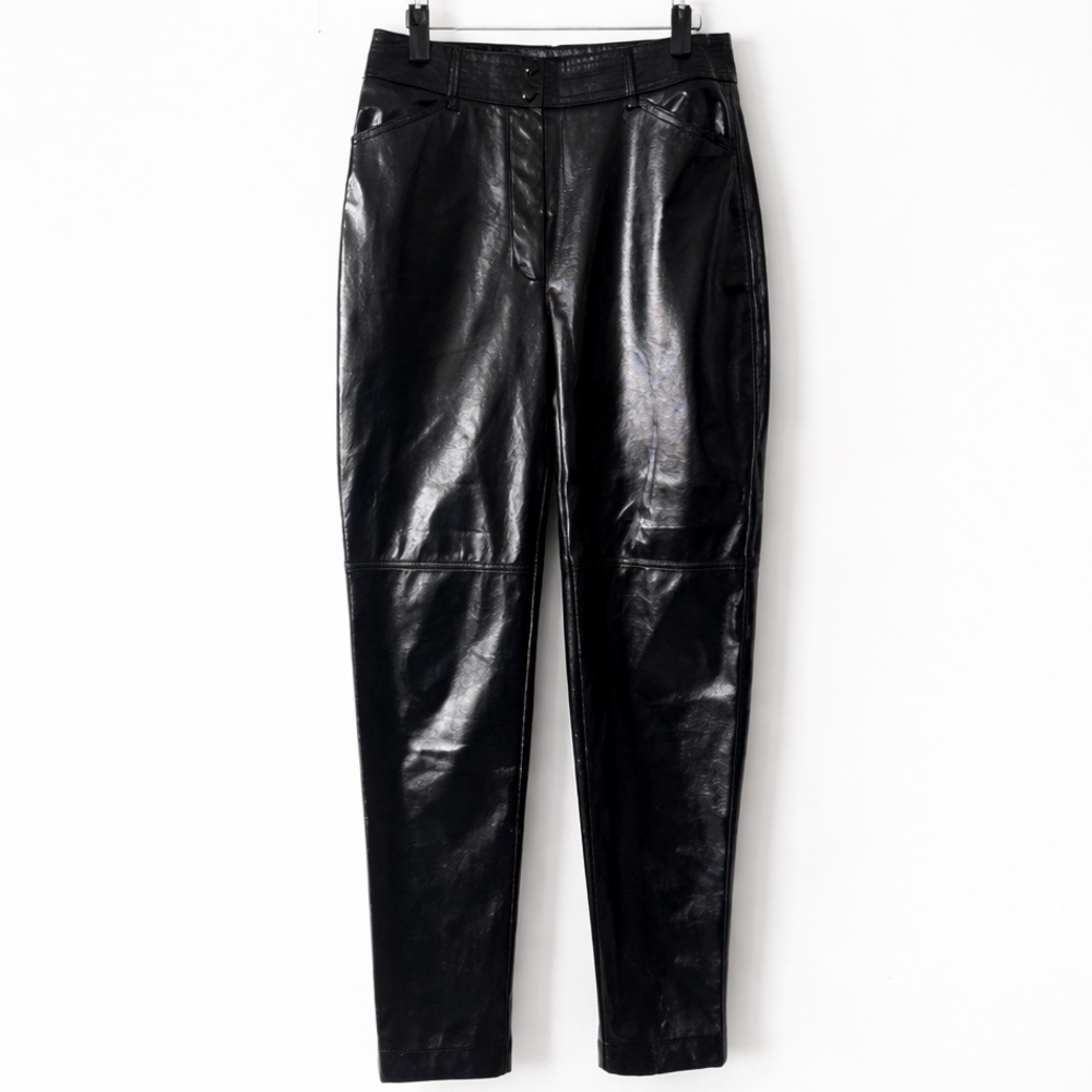 Le Fou Wilfred Aritzia Black Faux Leather Pants High Shine Straight Leg 6